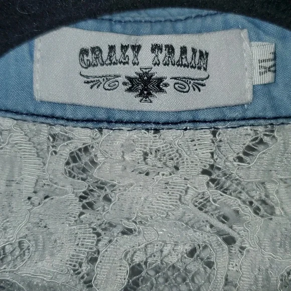 Crazy Train Lace and Denim Pearl Snap Button Up XL - Picture 7 of 11